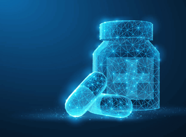 A digital illustration of a medicine bottle and two capsules of bright blue polygonal lines on a dark blue background, symbolizing digital healthcare or pharmaceuticals.