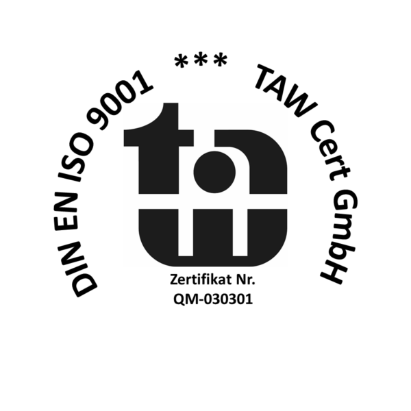 Schwarz-weißes kreisförmiges Logo mit DIN EN ISO 9001 *** TAW Cert GmbH am Rand, einem stilisierten ta-Symbol in der Mitte und Zertifikat Nr. QM-030301 darunter.