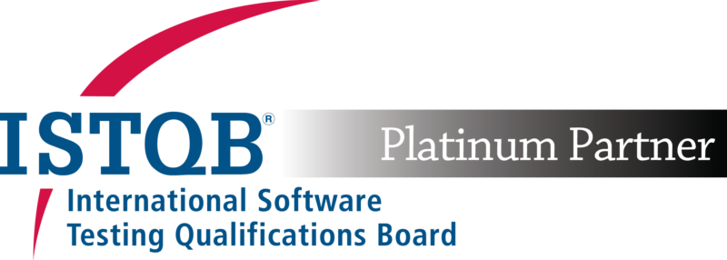 ISTQB-Logo mit rotem Swoosh, Text International Software Testing Qualifications Board in Blau und einem schwarzen Balken mit Farbverlauf und weißem Text Platinum Partner auf der rechten Seite.