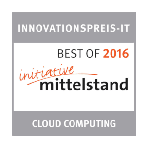 Auf einer quadratischen Plakette steht: INNOVATIONSPREIS-IT oben, BEST OF 2016 der Initiative mittelstand in der Mitte und CLOUD COMPUTING unten. Das Design verwendet graue, schwarze und orange Schrift.