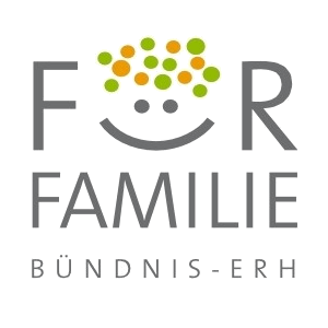 Logo mit dem Text FÜR FAMILIE BÜNDNIS-ERH. Über dem Text befindet sich ein lächelndes Gesicht aus Punkten in Grün und Orange mit den Buchstaben F und R als Seiten.