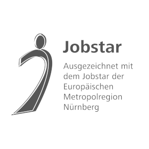 Logo mit einer stilisierten menschlichen Figur neben dem Text Jobstar Ausgezeichnet mit dem Jobstar der Europäischen Metropolregion Nürnberg in Deutsch.