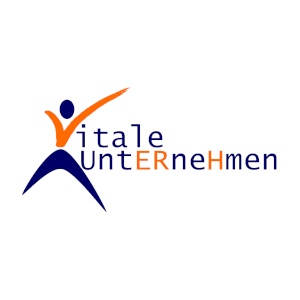 Logo mit einer stilisierten menschlichen Figur in Orange und Dunkelblau neben dem Schriftzug vitale untERneHmen, wobei ER und H in Orange und der Rest des Textes in Dunkelblau hervorgehoben sind.