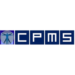 Logo mit vier blauen Quadraten: Das erste enthält einen stilisierten vitruvianischen Menschen, gefolgt von drei Quadraten mit den weißen Buchstaben C, P, M und S in einer fetten, modernen Schrift auf blauem Hintergrund.