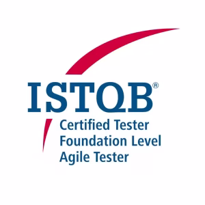 ISTQB-Logo mit einem roten geschwungenen Swoosh über dem Text ISTQB Certified Tester Foundation Level Agile Tester auf weißem Hintergrund.
